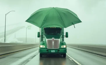 a semi-truck drives along the road under an umbrella