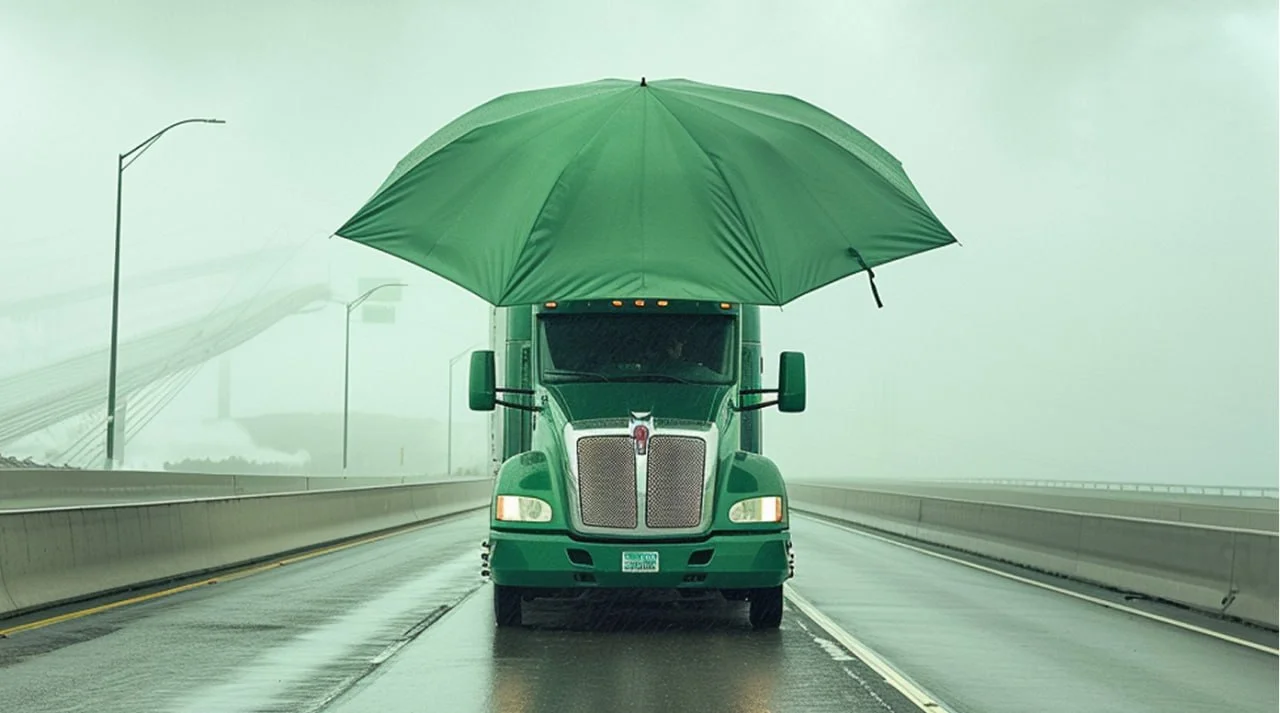 a semi-truck drives along the road under an umbrella