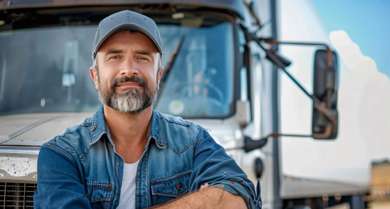 a truck driver stands in front of his truck