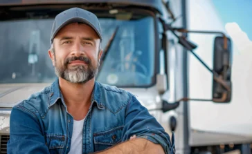 a truck driver stands in front of his truck